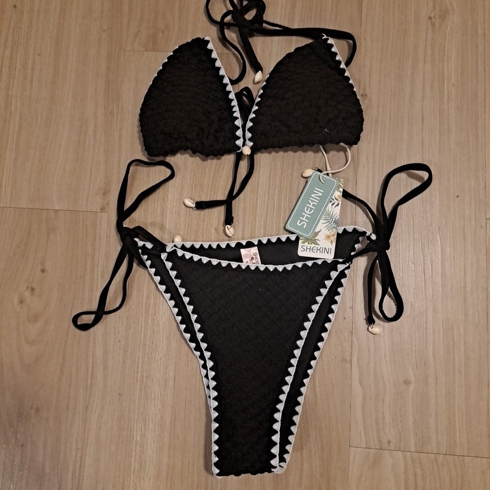 CUPSHE Bikini Top & Bottoms Black W/White- Trim, Small, NWT Swim Bathing Suit